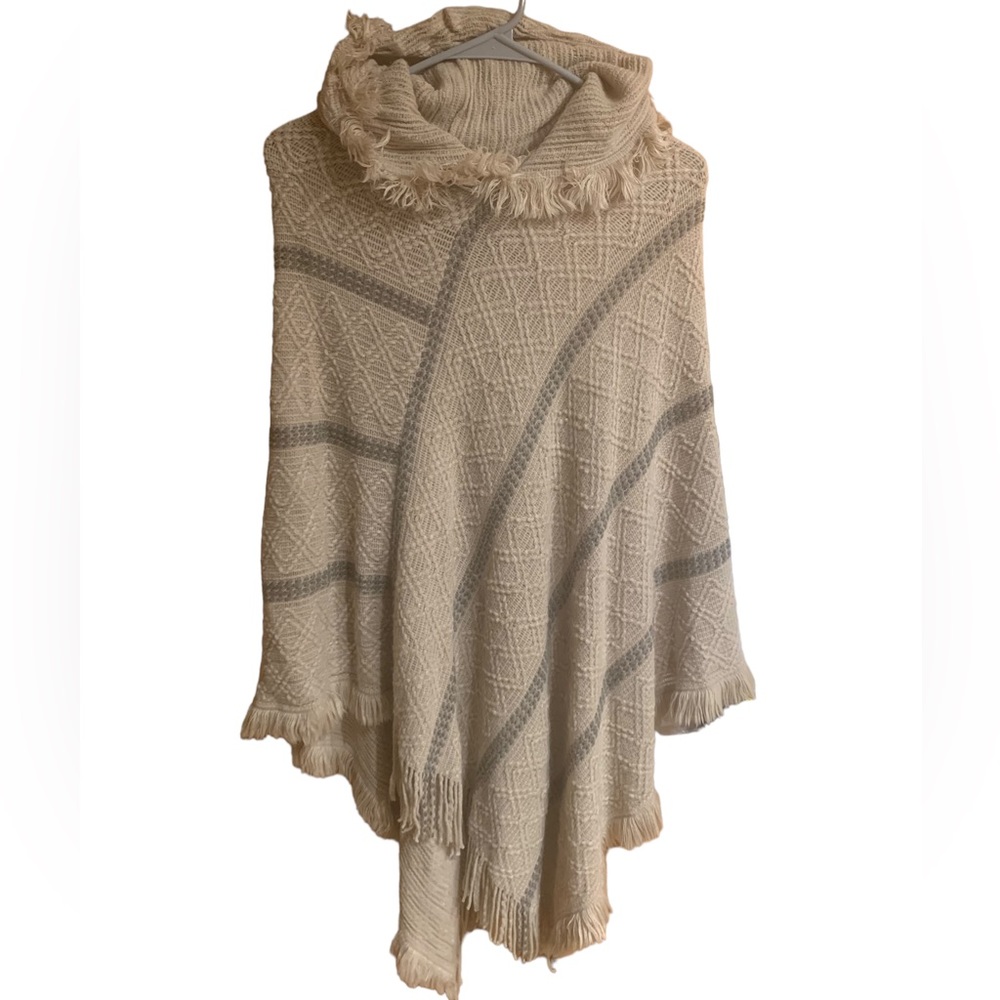 Poncho with Hood Women’s Cream with Gray Stripes Fringe One Size Fits Most
